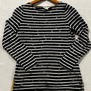 Sz2 Boden Navy Blue Breton Striped Multi Gold Polka Dot Boatneck Long Sleeve Top